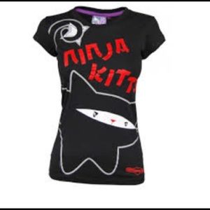 Black Ninja Kitty Throwing Stars Anime Style T-shirt